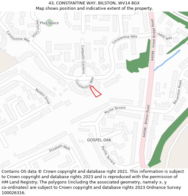 43, CONSTANTINE WAY, BILSTON, WV14 8GX: Location map and indicative extent of plot