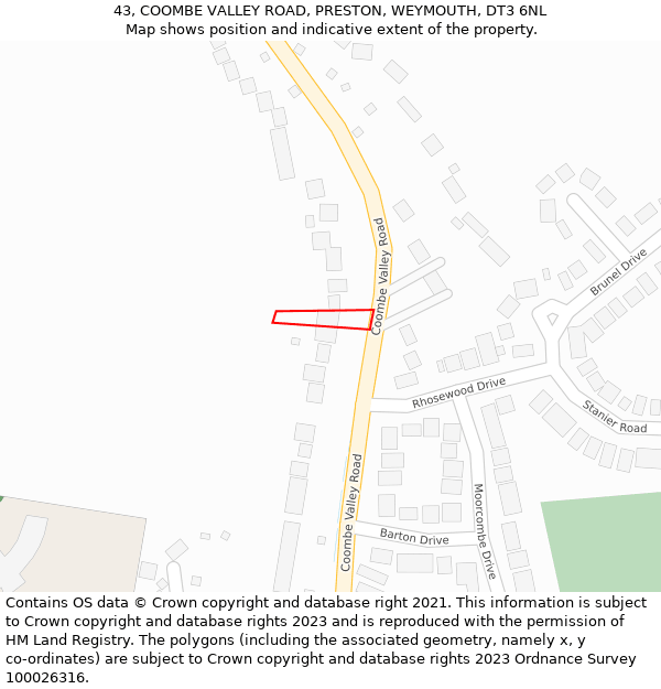 43, COOMBE VALLEY ROAD, PRESTON, WEYMOUTH, DT3 6NL: Location map and indicative extent of plot