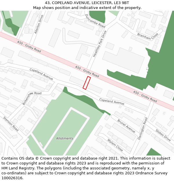 43, COPELAND AVENUE, LEICESTER, LE3 9BT: Location map and indicative extent of plot