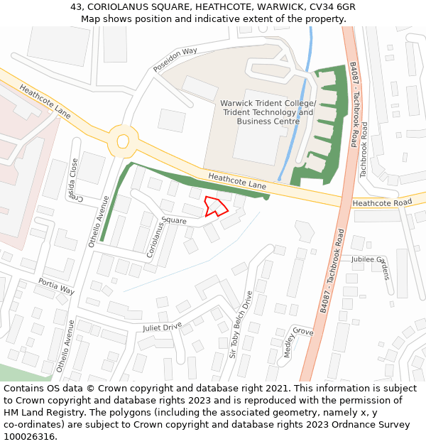 43, CORIOLANUS SQUARE, HEATHCOTE, WARWICK, CV34 6GR: Location map and indicative extent of plot