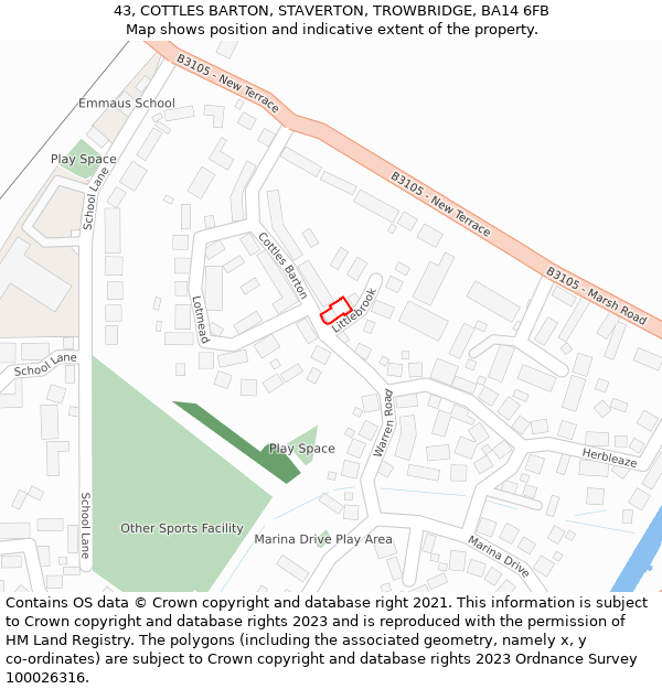 43, COTTLES BARTON, STAVERTON, TROWBRIDGE, BA14 6FB: Location map and indicative extent of plot