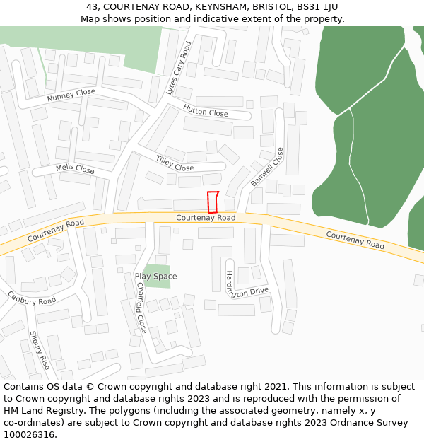 43, COURTENAY ROAD, KEYNSHAM, BRISTOL, BS31 1JU: Location map and indicative extent of plot