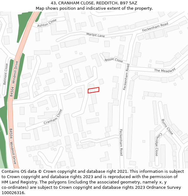 43, CRANHAM CLOSE, REDDITCH, B97 5AZ: Location map and indicative extent of plot