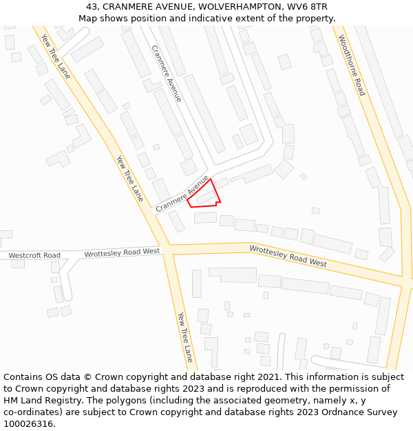 43, CRANMERE AVENUE, WOLVERHAMPTON, WV6 8TR: Location map and indicative extent of plot