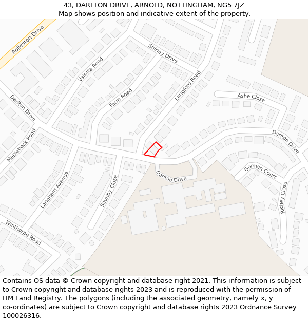 43, DARLTON DRIVE, ARNOLD, NOTTINGHAM, NG5 7JZ: Location map and indicative extent of plot