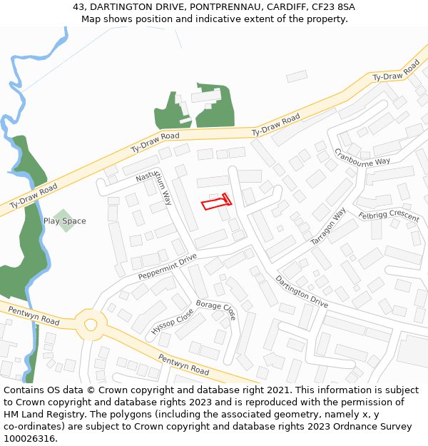 43, DARTINGTON DRIVE, PONTPRENNAU, CARDIFF, CF23 8SA: Location map and indicative extent of plot