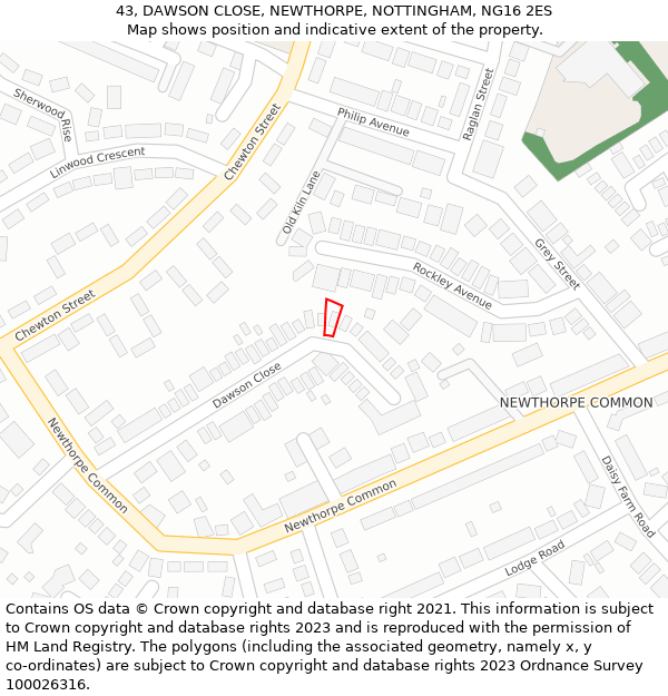 43, DAWSON CLOSE, NEWTHORPE, NOTTINGHAM, NG16 2ES: Location map and indicative extent of plot