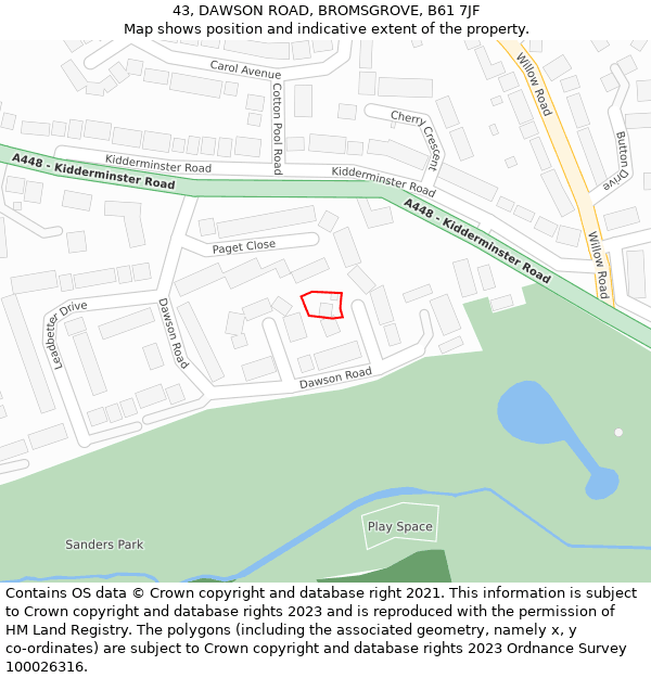 43, DAWSON ROAD, BROMSGROVE, B61 7JF: Location map and indicative extent of plot