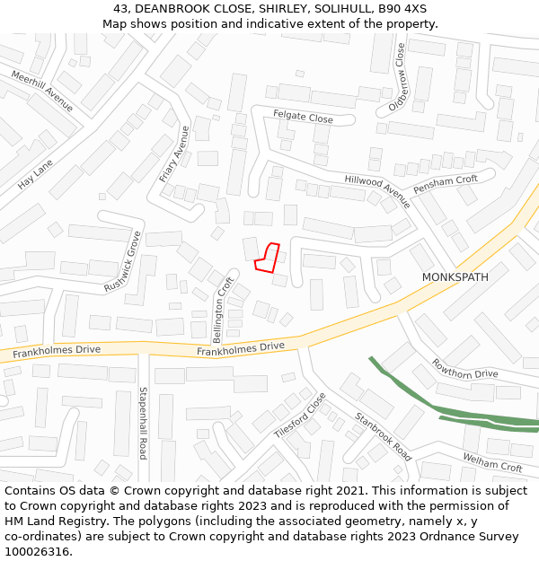 43, DEANBROOK CLOSE, SHIRLEY, SOLIHULL, B90 4XS: Location map and indicative extent of plot