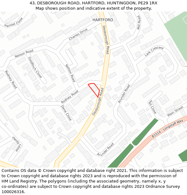 43, DESBOROUGH ROAD, HARTFORD, HUNTINGDON, PE29 1RX: Location map and indicative extent of plot