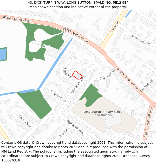 43, DICK TURPIN WAY, LONG SUTTON, SPALDING, PE12 9EP: Location map and indicative extent of plot