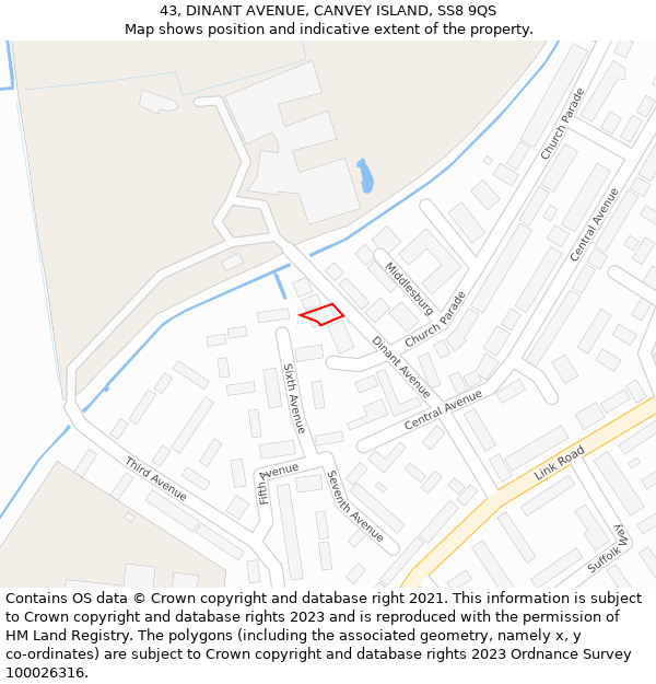 43, DINANT AVENUE, CANVEY ISLAND, SS8 9QS: Location map and indicative extent of plot