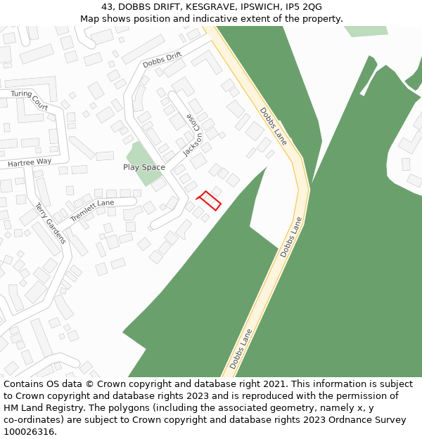 43, DOBBS DRIFT, KESGRAVE, IPSWICH, IP5 2QG: Location map and indicative extent of plot