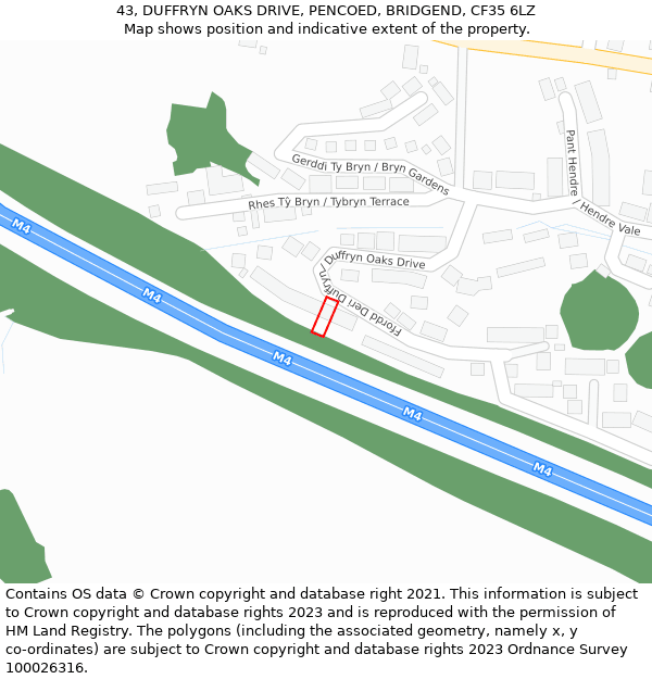 43, DUFFRYN OAKS DRIVE, PENCOED, BRIDGEND, CF35 6LZ: Location map and indicative extent of plot