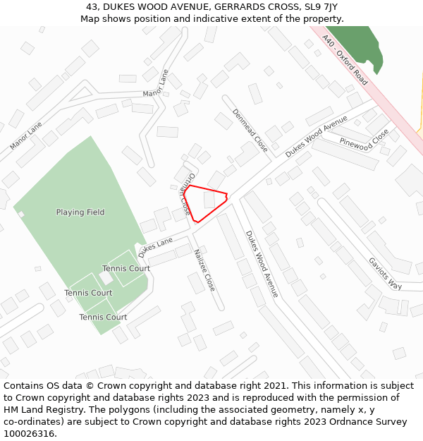 43, DUKES WOOD AVENUE, GERRARDS CROSS, SL9 7JY: Location map and indicative extent of plot