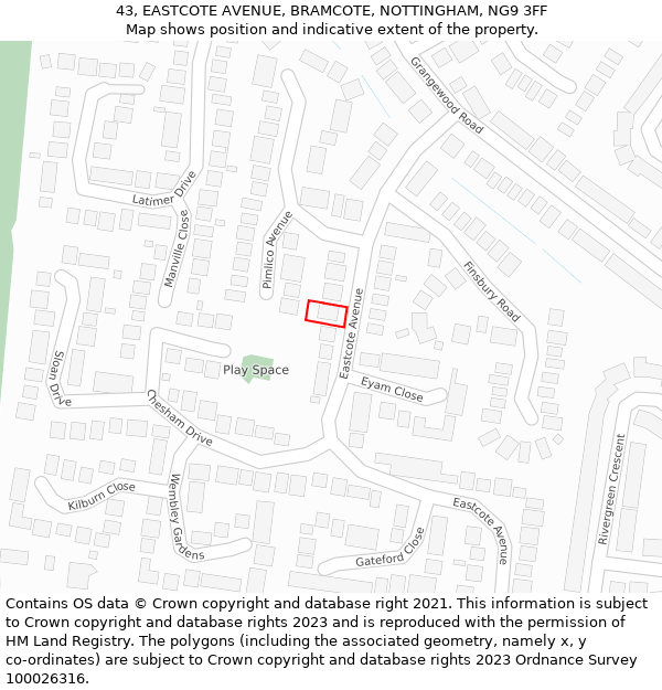 43, EASTCOTE AVENUE, BRAMCOTE, NOTTINGHAM, NG9 3FF: Location map and indicative extent of plot