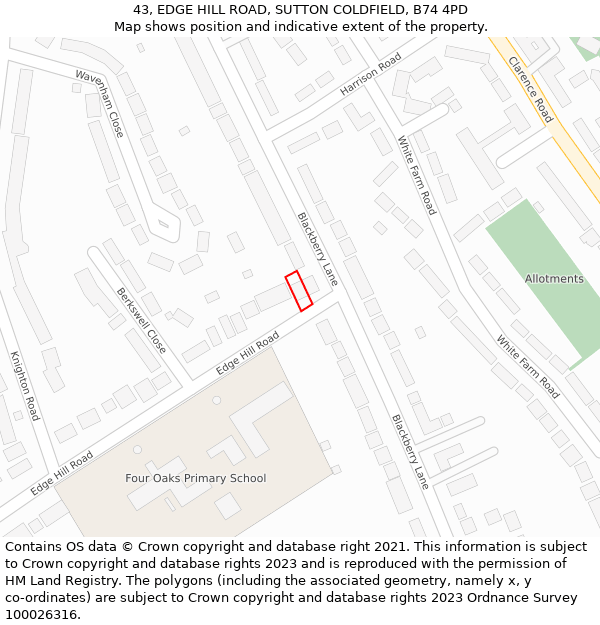 43, EDGE HILL ROAD, SUTTON COLDFIELD, B74 4PD: Location map and indicative extent of plot