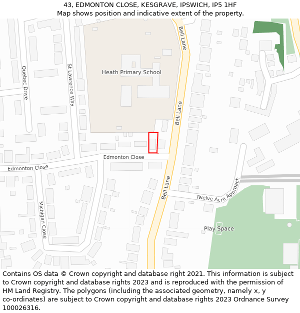 43, EDMONTON CLOSE, KESGRAVE, IPSWICH, IP5 1HF: Location map and indicative extent of plot