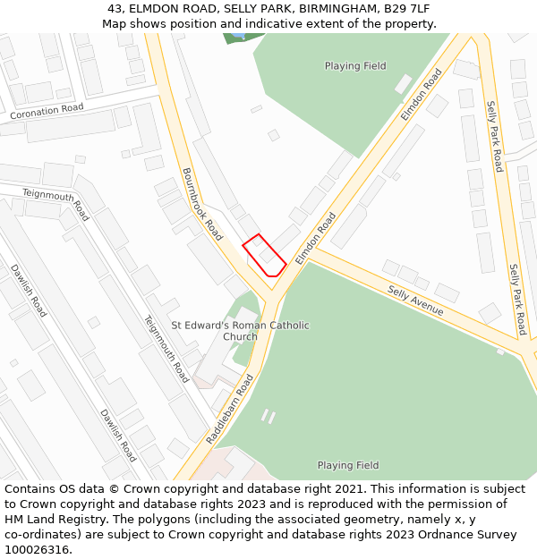 43, ELMDON ROAD, SELLY PARK, BIRMINGHAM, B29 7LF: Location map and indicative extent of plot