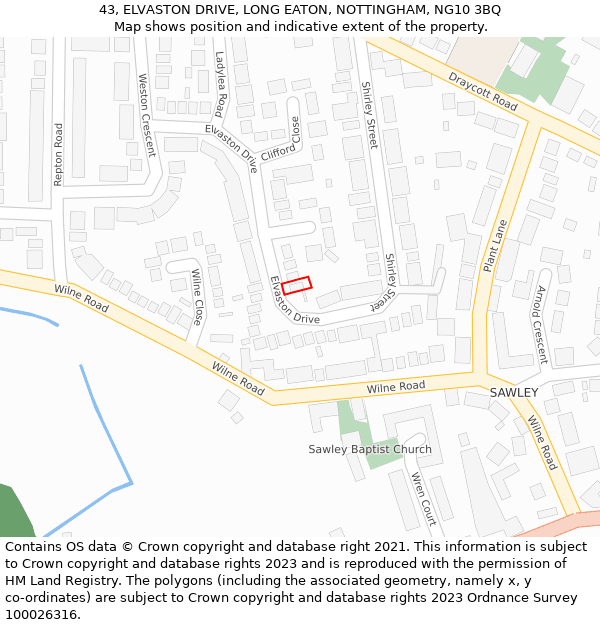 43, ELVASTON DRIVE, LONG EATON, NOTTINGHAM, NG10 3BQ: Location map and indicative extent of plot