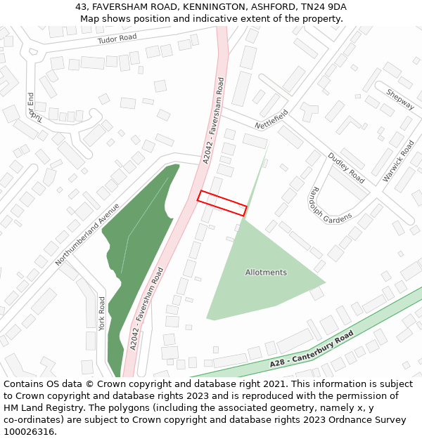 43, FAVERSHAM ROAD, KENNINGTON, ASHFORD, TN24 9DA: Location map and indicative extent of plot