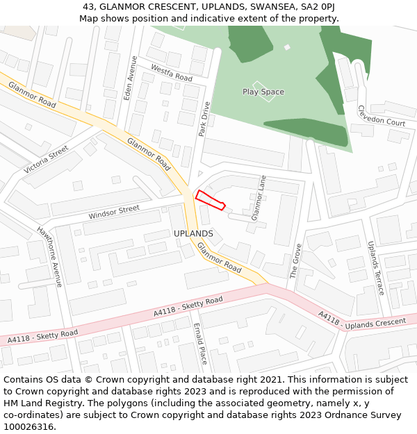 43, GLANMOR CRESCENT, UPLANDS, SWANSEA, SA2 0PJ: Location map and indicative extent of plot