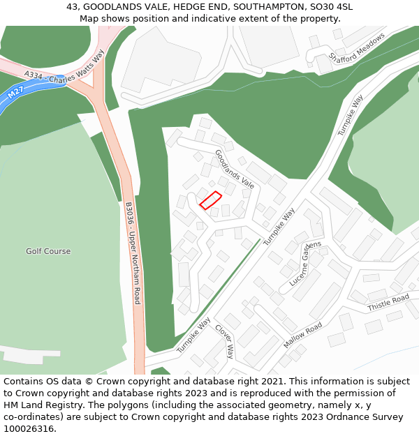 43, GOODLANDS VALE, HEDGE END, SOUTHAMPTON, SO30 4SL: Location map and indicative extent of plot