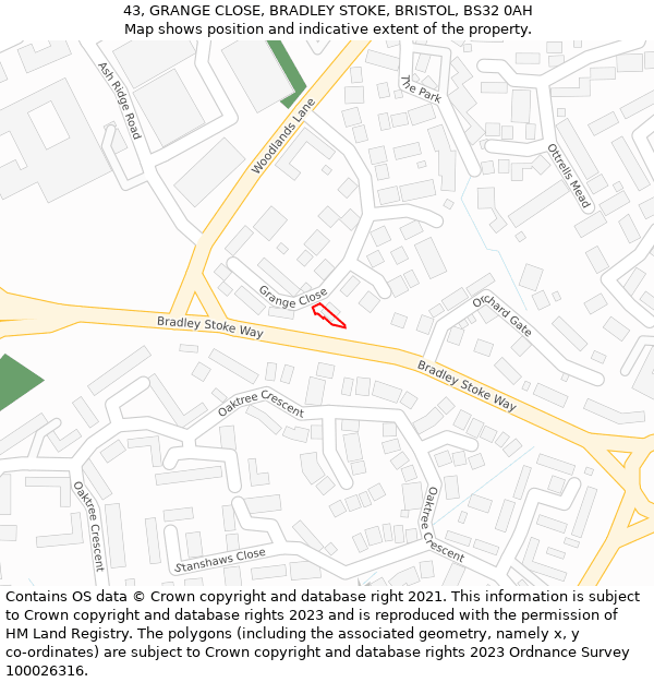 43, GRANGE CLOSE, BRADLEY STOKE, BRISTOL, BS32 0AH: Location map and indicative extent of plot