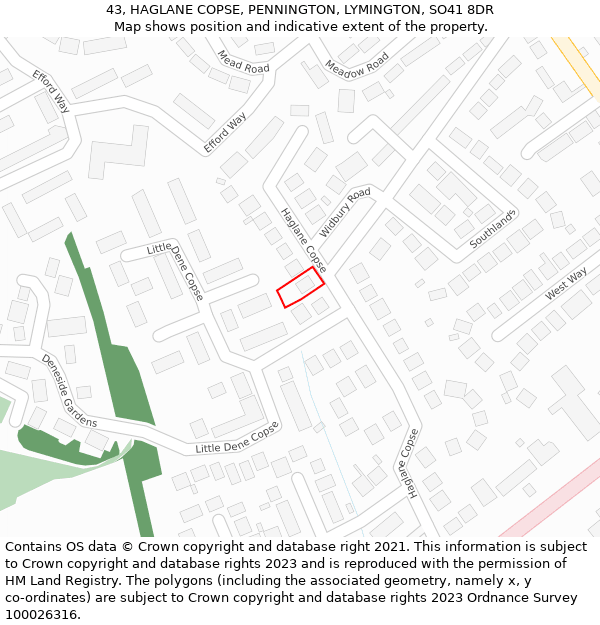 43, HAGLANE COPSE, PENNINGTON, LYMINGTON, SO41 8DR: Location map and indicative extent of plot