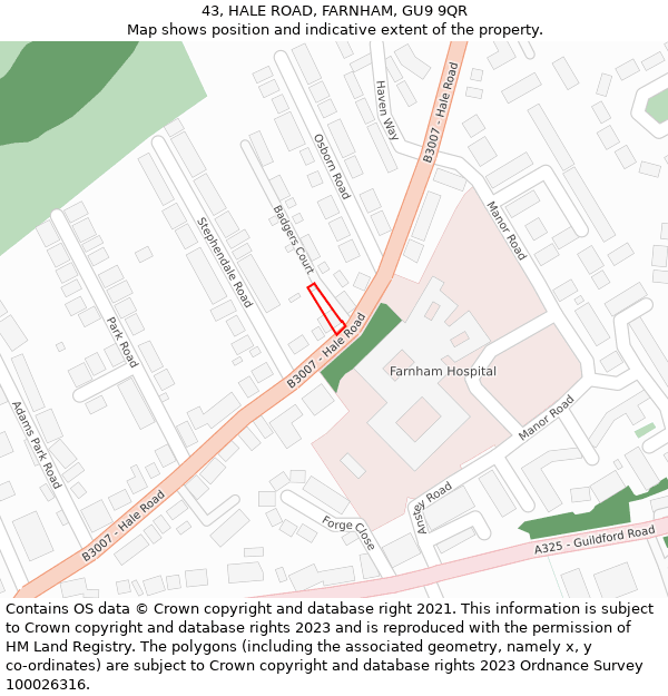 43, HALE ROAD, FARNHAM, GU9 9QR: Location map and indicative extent of plot