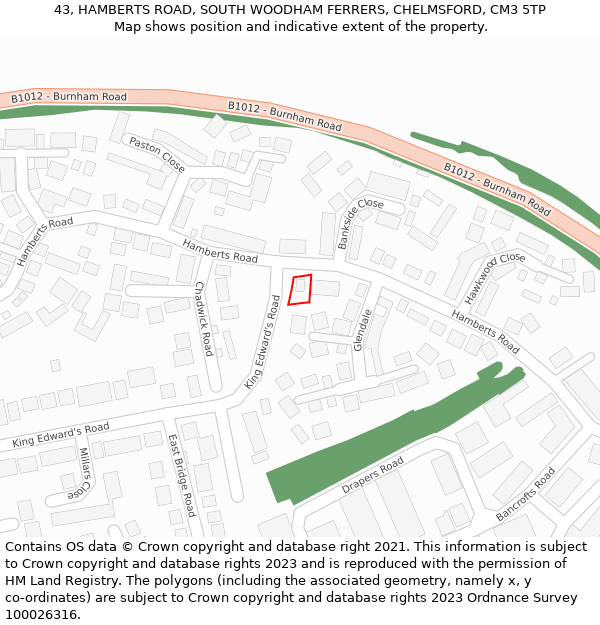 43, HAMBERTS ROAD, SOUTH WOODHAM FERRERS, CHELMSFORD, CM3 5TP: Location map and indicative extent of plot
