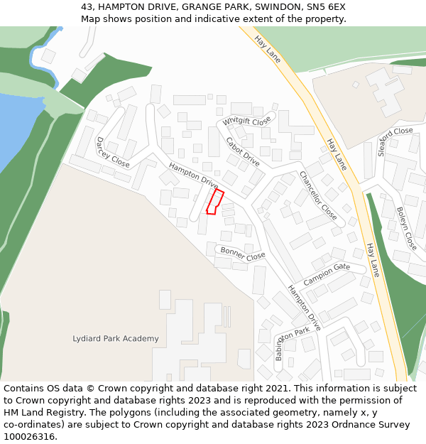 43, HAMPTON DRIVE, GRANGE PARK, SWINDON, SN5 6EX: Location map and indicative extent of plot