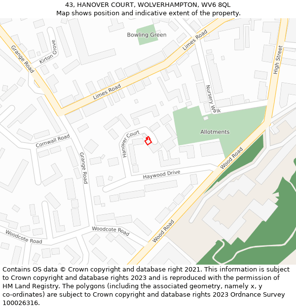 43, HANOVER COURT, WOLVERHAMPTON, WV6 8QL: Location map and indicative extent of plot