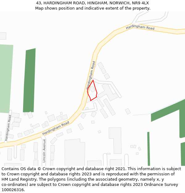 43, HARDINGHAM ROAD, HINGHAM, NORWICH, NR9 4LX: Location map and indicative extent of plot