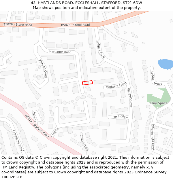 43, HARTLANDS ROAD, ECCLESHALL, STAFFORD, ST21 6DW: Location map and indicative extent of plot