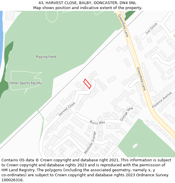 43, HARVEST CLOSE, BALBY, DONCASTER, DN4 0NL: Location map and indicative extent of plot