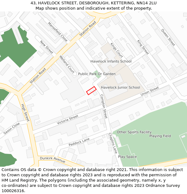 43, HAVELOCK STREET, DESBOROUGH, KETTERING, NN14 2LU: Location map and indicative extent of plot