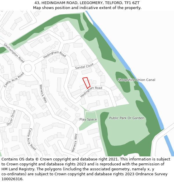 43, HEDINGHAM ROAD, LEEGOMERY, TELFORD, TF1 6ZT: Location map and indicative extent of plot
