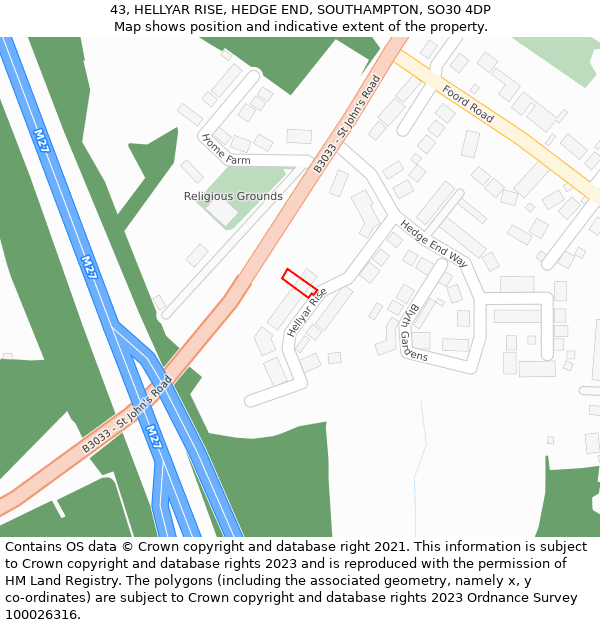 43, HELLYAR RISE, HEDGE END, SOUTHAMPTON, SO30 4DP: Location map and indicative extent of plot