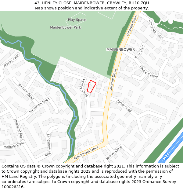 43, HENLEY CLOSE, MAIDENBOWER, CRAWLEY, RH10 7QU: Location map and indicative extent of plot