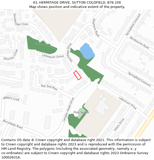 43, HERMITAGE DRIVE, SUTTON COLDFIELD, B76 2XE: Location map and indicative extent of plot