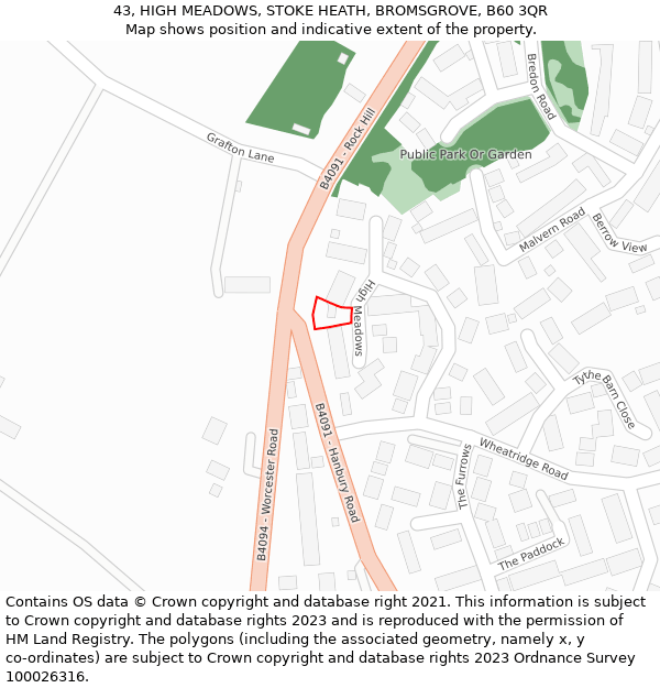 43, HIGH MEADOWS, STOKE HEATH, BROMSGROVE, B60 3QR: Location map and indicative extent of plot