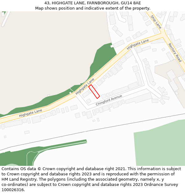 43, HIGHGATE LANE, FARNBOROUGH, GU14 8AE: Location map and indicative extent of plot