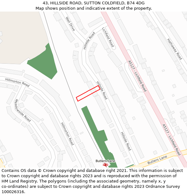 43, HILLSIDE ROAD, SUTTON COLDFIELD, B74 4DG: Location map and indicative extent of plot
