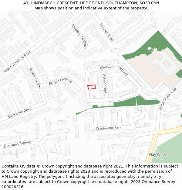 43, HINDMARCH CRESCENT, HEDGE END, SOUTHAMPTON, SO30 0AN: Location map and indicative extent of plot