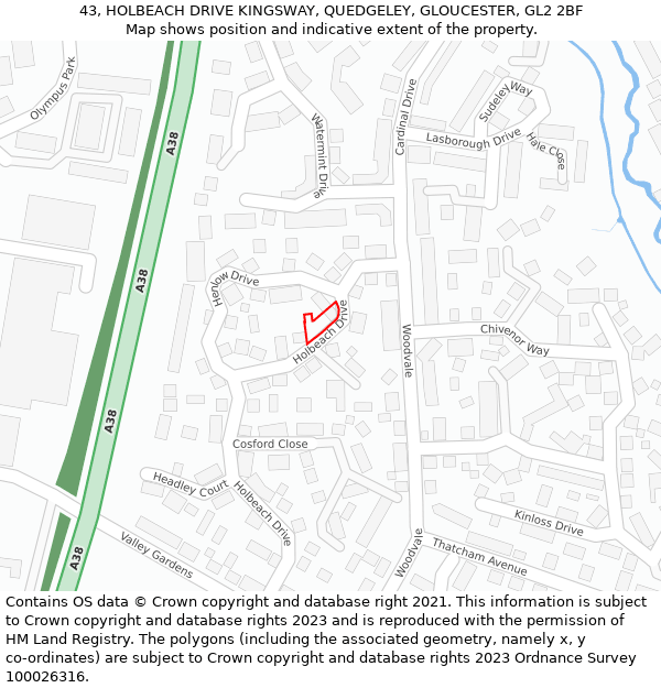 43, HOLBEACH DRIVE KINGSWAY, QUEDGELEY, GLOUCESTER, GL2 2BF: Location map and indicative extent of plot