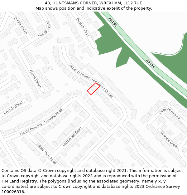 43, HUNTSMANS CORNER, WREXHAM, LL12 7UE: Location map and indicative extent of plot