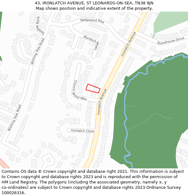 43, IRONLATCH AVENUE, ST LEONARDS-ON-SEA, TN38 9JN: Location map and indicative extent of plot