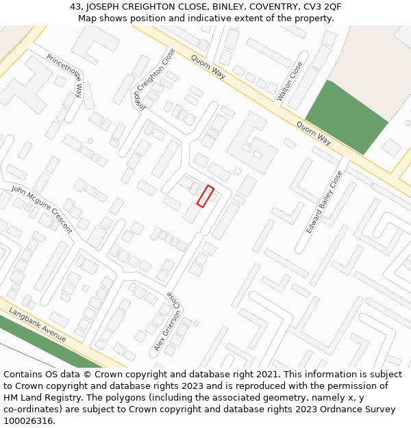 43, JOSEPH CREIGHTON CLOSE, BINLEY, COVENTRY, CV3 2QF: Location map and indicative extent of plot
