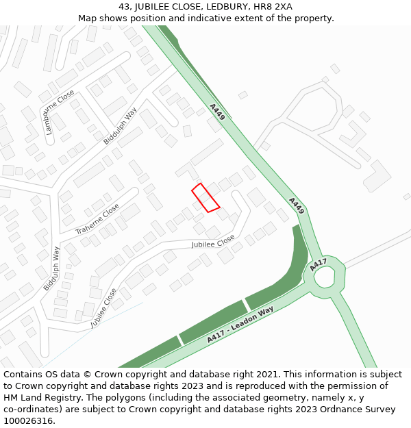 43, JUBILEE CLOSE, LEDBURY, HR8 2XA: Location map and indicative extent of plot